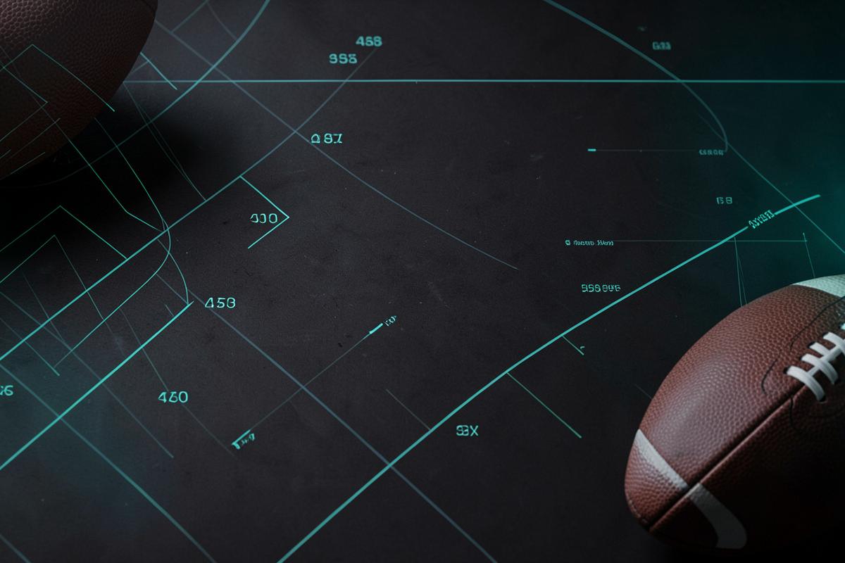 Abstract dark surface with teal data lines and a football