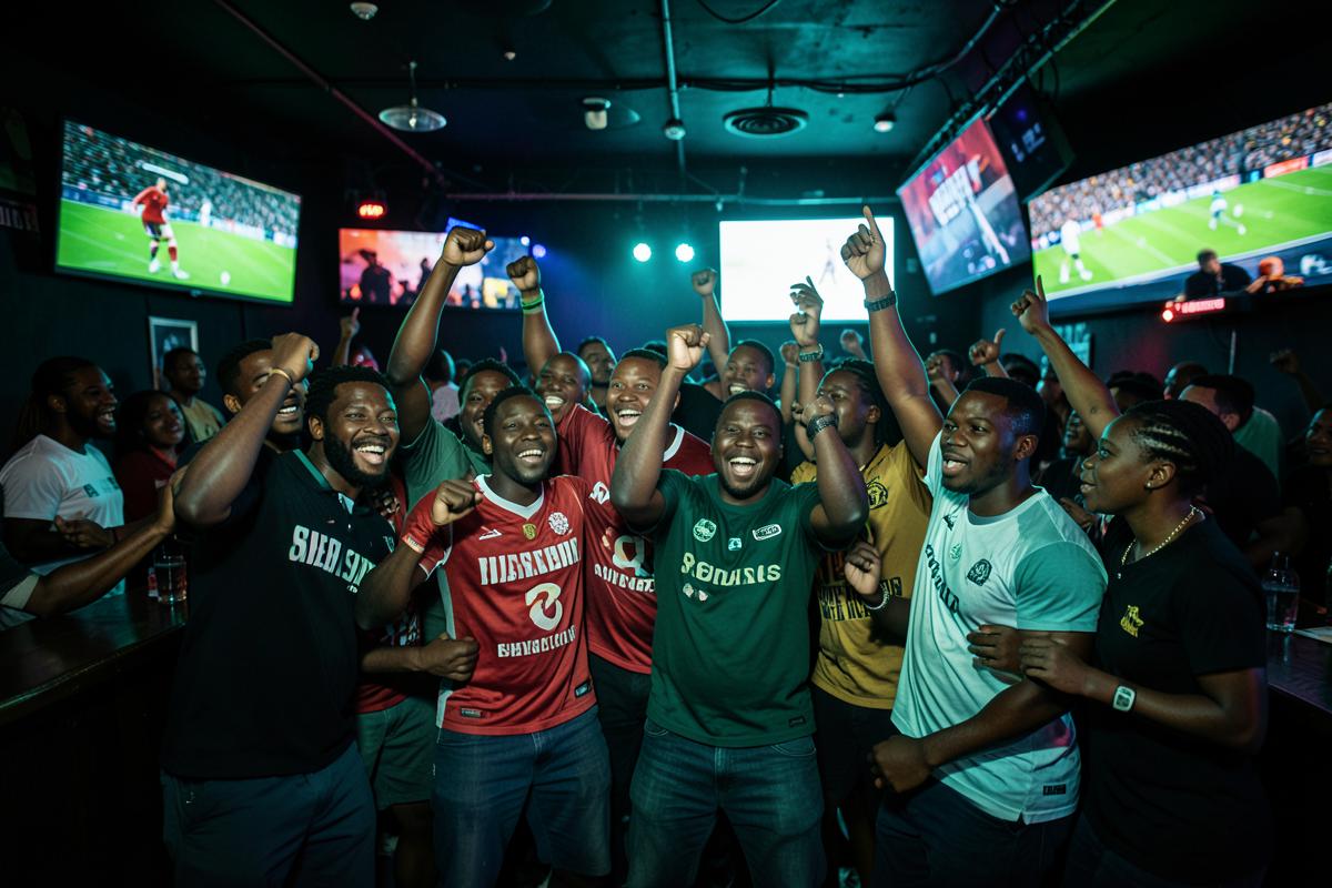 Football fans celebrating a goal in a sports bar