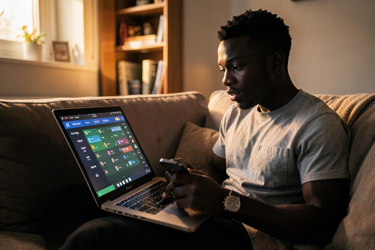 Fantasy football manager reviewing a lineup on a laptop