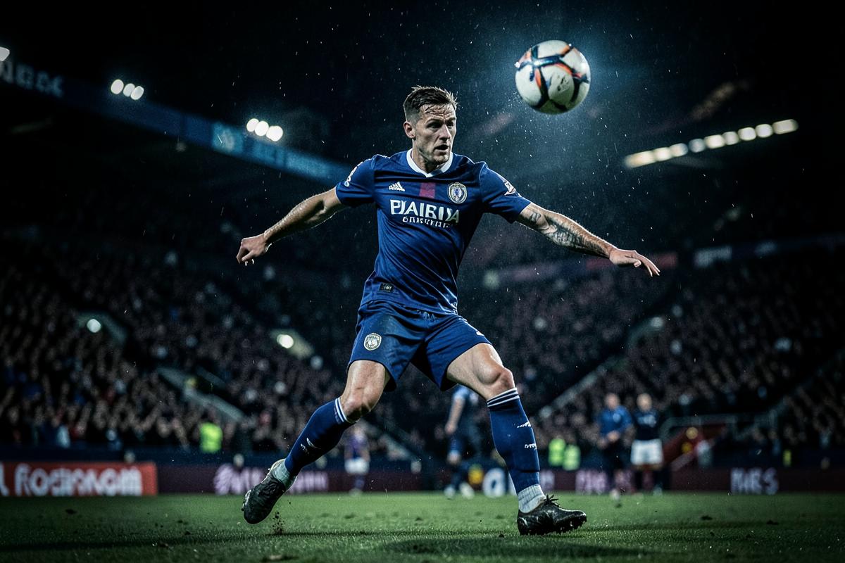 Footballer striking the ball under stadium floodlights
