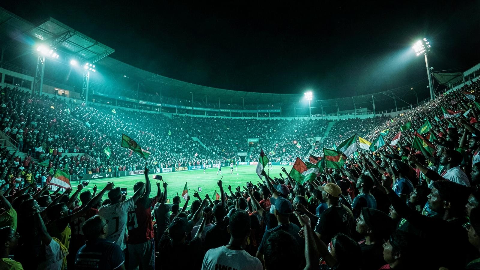 Packed floodlit stadium in Nairobi with fans waving flags