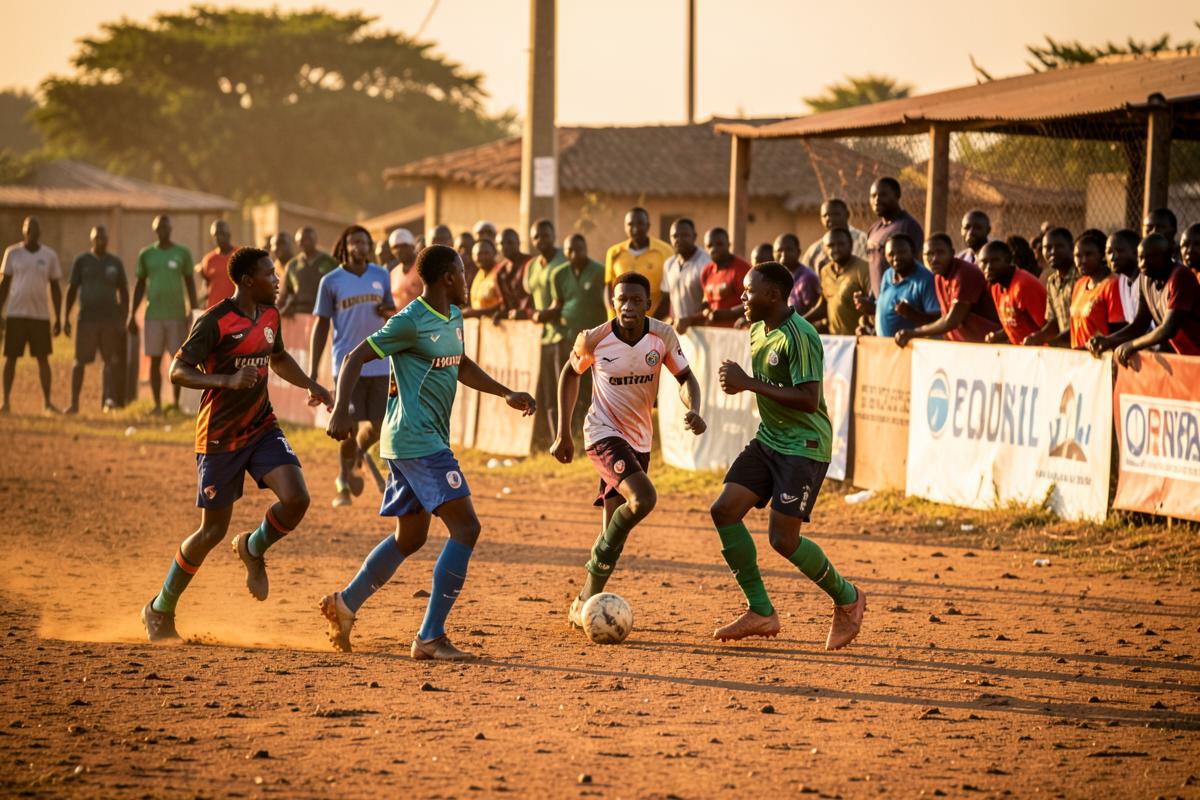 Local league football match on a dusty pitch in late afternoon light
