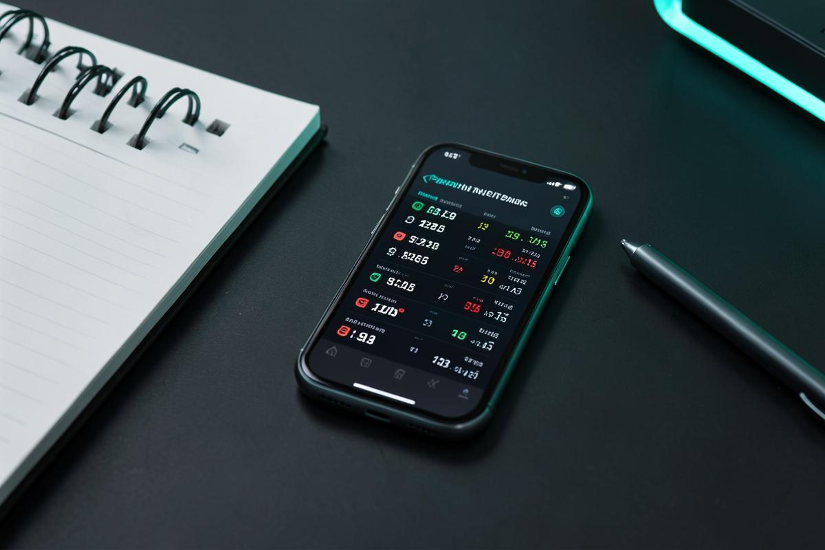 Phone showing sports odds on a dark desk beside a notebook